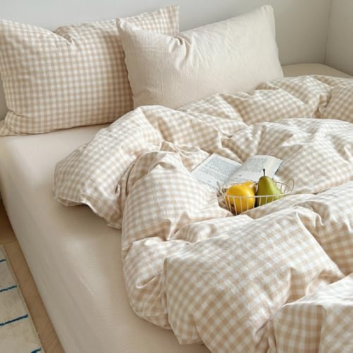 Lanqinglv, set di biancheria da letto, 135 x 200 cm, 4 pezzi, a quadretti, beige, geometrico, biancheria da letto double-face, certificato OEKO-TEX, set di biancheria da letto, copripiumino con