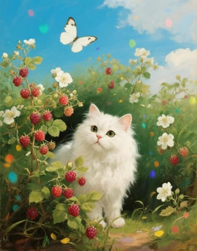 JUYIYUANFUZH Cross Stitch Starter Kits Adults DIY Embroidery Kit with Pattern White Cat in The Raspberry Bush 2 Easy Cross Stitch Kits for Beginners11CT: 40×50Cm