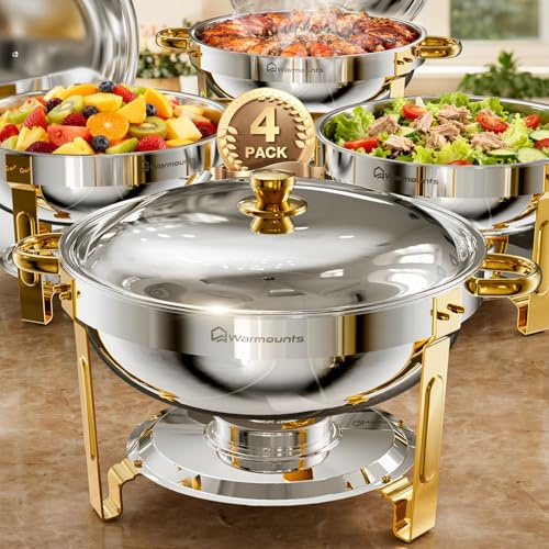 WARMOUNTS Round Chafing Dishes for Buffet (5QT, 4 Pack), Gold Stainless Steel Chafers and Buffet Warmers Sets with Lid Holder, Rolled Rim Process, Stackable Design, for Catering, Parties, Weddings