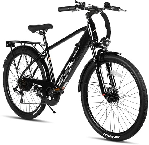 HILAND 26 Inch Electric Mountain Bike for Adults, 7-Speed E-Bike with 250W Motor and 36V 10.4Ah Battery, Dual Disc Brakes, High-Carbon Steel Frame, Commuter Electric Bicycle for Men and Women, Black