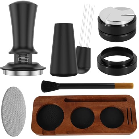 Sutowe 7-delat set med espressomaskin, 51 mm espressomamaskinsset med kaffetamper och trä-tampstation, distributör, doseringstratt, borste, Pucksil