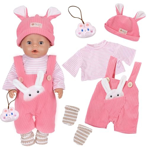 5 stycken dockklänningar för 14–18 tum babydockor, 35–43 cm söt rosa kanin baby dockkläder kläder kläder rosa kanin overall topp + kanin öronmössa strumpor kanin hänge flicka födelsedagspresent