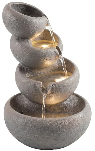 Outsunny Springbrunnen Outdoor aus Kunstharz 4-stufig Gartenbrunnen mit LED Beleuchtung Pumpe Steinoptik Wasserspiel Dekorationsbecken Zimmerbrunnen für Garten Terrasse 35 x 32 x 50 cm