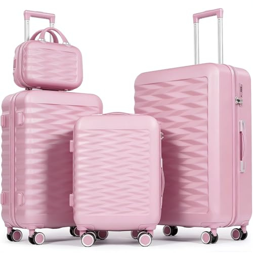 Tavoxda Ensemble de valises avec mallette de beauté légère ABS + PC rigide valise de voyage avec roues pivotantes, rose, 4 Piece Set, Hardside moderne