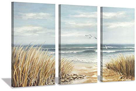 Abstract Beach Canvas Wall Art: Seashore Grasses Artwork Print Seascape Painting for Walls (26'' x 16'' x 3 Panels)
