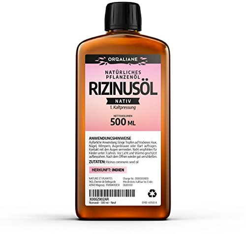 Rizinusöl 500 ml - 100% nativ - kalt gepresst - Ricinus Communis - Orgaliane -100% Rein, Natürlich und Kaltgepresst - Wimpern, Augenbrauen, Haare, Bart, Nägel