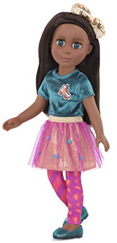 Glitter Girls - Odessa - Bambola di moda posabile da 36 cm - Capelli neri e occhi verdi - Top lucido e gonna con pompon - Completo da pattinaggio a rotelle e carnagione medio-scura - 3 anni +
