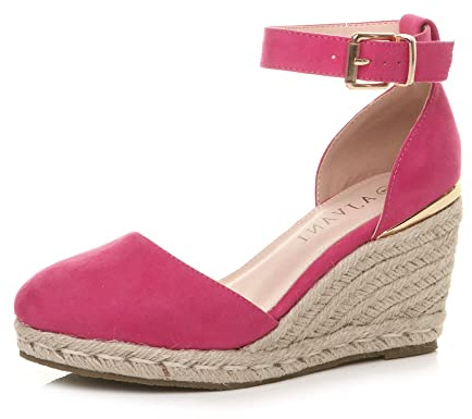 AJVANI Womens ladies mid wedge heel platform buckle up ankle strap espadrille sandals size