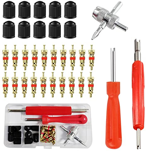 Kit de Reparación de Neumáticos,1 Herramienta Núcleo de Válvula,1 Herramienta Válvula de 4 Vías,12 Tapas Válvula Neumático,20 Núcleo Válvula, para Bicicletas,Motocicletas,Automóviles 33 Pcs Tokaneit