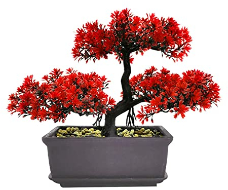 Jiakalamo Fake Plants Artificial Bonsai Tree Potted Faux Living Room Table Indoor Decor Japanese Simulation Pine Greeting Guests Potted for Home Decoration,Office/Windowsill/Yard(Red)