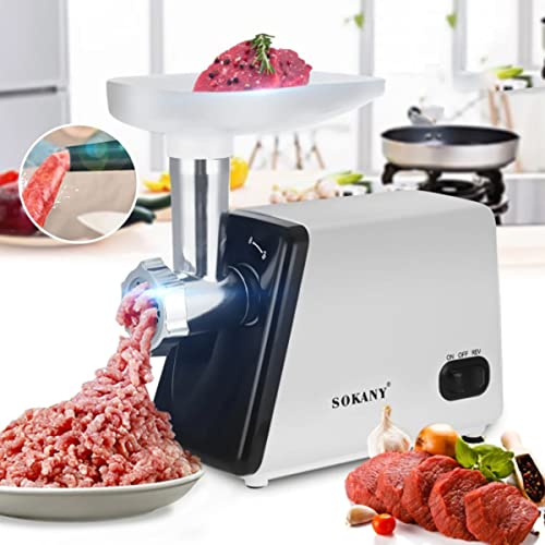 SOKANY SK-312 Fleischwolf Elektrisch Fleischmaschine 2500W, 3-IN-1 Multi Küchenmaschine Wurstfüller mit 3 Edelstahl Loch-Scheiben, Wurstaufsatz, Stopfer, Kebbe-Aufsatz