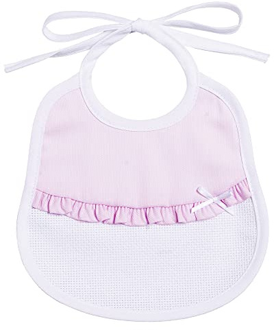 Filet - Bavaglino in Piquet di Cotone con Volant, Bavetta Neonata con Inserto in Tela Aida da Ricamare, Chiusura con Laccetti, Made in Italy, Colore Rosa