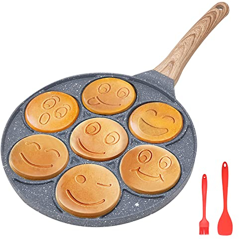 Bobikuke Pancake Pan Induction, Smiley Face Pancake Frying Pan Non Stick, 7 Holes Mini Pancake Maker for Kids 26cm - Black