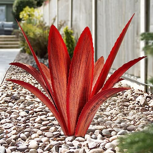 TOMBABY Enlarge Thickened Wind Resistant Metal Agave Garden Art Metal Plant Country Garden Sculpture Statue Outdoor Decoration Agave Metal Plant Courtyard Garden Lawn Ornament Gift (1, 12 Leaves red)