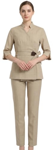 minkissy Tenue Esthéticienne Professionnelle Deux Pièces Vêtements De Travail À Col V Et Manches Longues Costume Léger Et Respirant pour Salon De Beauté Institut De Beauté Femme
