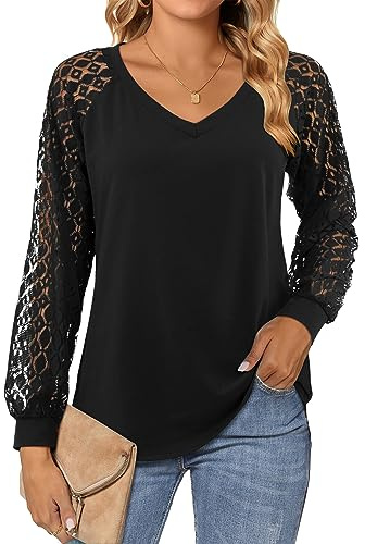 Beluring Tunic Tops for Women V Neck T Shirt Lace Long Sleeve Tshirt Blouse Black Size 18 20