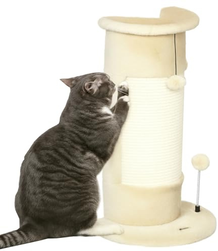 Poteau griffoir d'angle PawHut, colonne griffoir en sisal de 58 cm, arbre à chat pour chats, petit arbre à chat avec boule à gratter, meuble pour chats d'intérieur, blanc crème