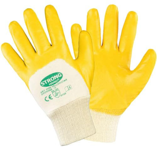 FLG Nitrilhandschuhe 12 Paar Gelb mit Strickbund Baumwollhandschuhe mit Nitrilbeschichtung Arbeitshandschuhe (10)