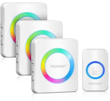 TECKNET Sonnette sans Fil Exterieur Etanche sans Pile, IP65 Étanche Sonnette sans Fil, 3 Récepteur avec Lumière RVB, 60 Mélodies et 5 Niveaux, Carillon sans Fil pour Maison, Hôtel, Urgence, Blanc