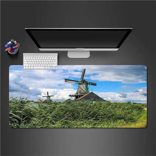 QiHon Mouse Pad Large Mouse Mat Gaming Windmill Landscape Mousepad XXL 23.6x11.8x0.12 inch with Soft Smooth Surface and Anti-Slip Rubber Base Improved Precision and Speed for Home Office Gaming Room