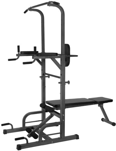 EIGFOH Estación de Dominadas, Maquina Dominadas Altura Ajustable, Máquina de Musculación con Banco de Pesas Plegable, Estación de Musculación para Fitness en Casa Gimnasio