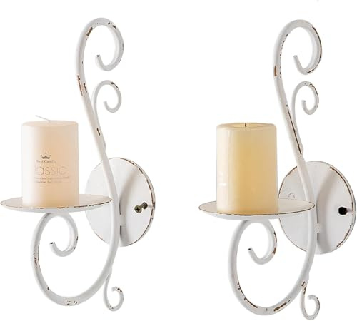 Sintosin 2 Stück Wandkerzenhalter Vintage aus Metall, Rustikaler Kerzenhalter Wand Weiß für Shabby Chic Wanddeko, Wandhalterung Kerzenständer für Schlafzimmer Esszimmer Wohnzimmer