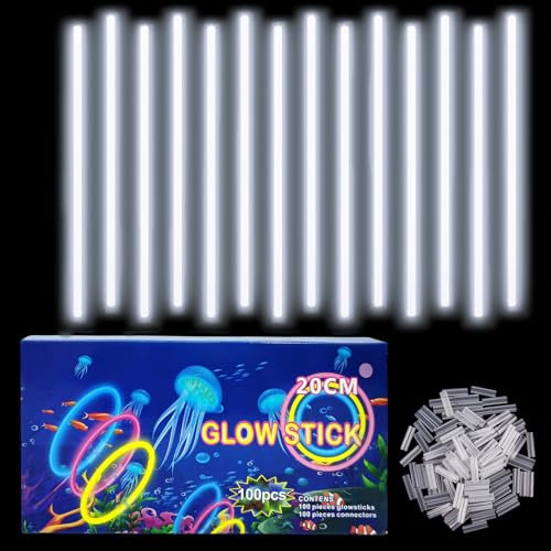 COSORO 100 Barras Luminosas,Pulseras Fluorescentes y 100 Conectores,Neon Kits para Crear Collares Accesorios,Blanco Varillas Brillantes para,Fiesta,Nochevieja,Navidad,Boda,Cumpleaños,Halloween