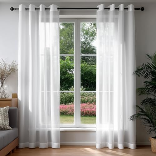 Deconovo Cortinas Visillos Blancos 140x290 cm – Juego de 2 Cortinas Translúcidas con Ojales, Tejido Cruzado Elegante, Suaves y con Caída Natural, para Salón, Dormitorio y Ventanas