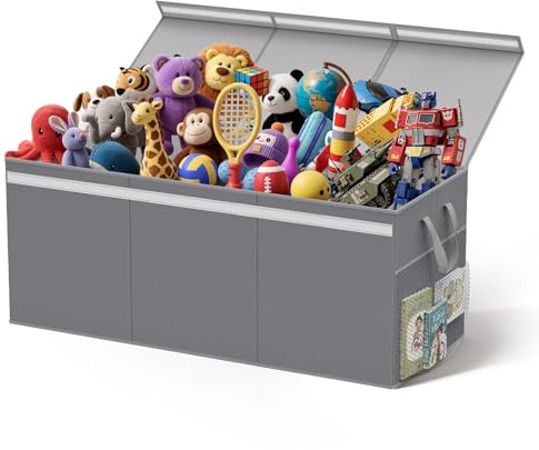 Lewondr Extragrande Cesta de Almacenamiento para Juguetes con Tapas, Caja de Almacenaje de Juguetes Plegable para Niños Niñas, con 3 Separadores Extraíbles para Salón Guardería, 99x44,5x44,5CM, Gris
