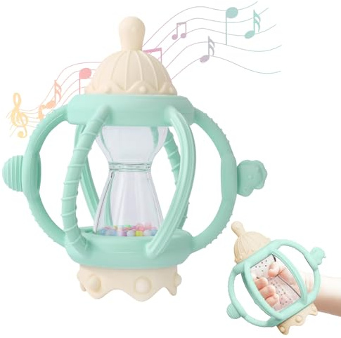 Socub Baby Rattle Teether Toys for 0-12 Months, 2-in-1 Sensory Hand Grasp Shaker with Soft Silicone Teething Ball & Pacifier, BPA Free Chew Toy for 6-12 Months, Newborn Gift for Boys and Girls (Green)
