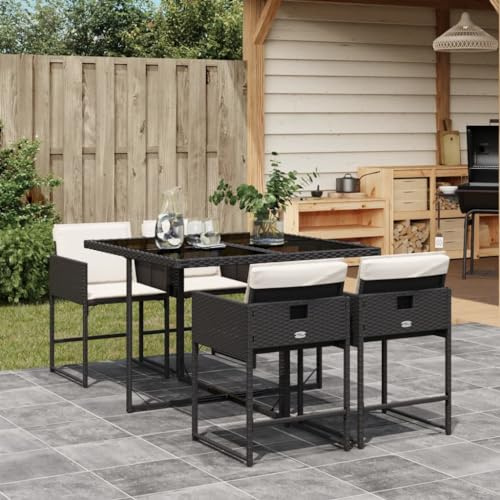 Festnight Juego Comedor de Jardín con 4 Sillas y Mesa, Conjunto Jardín, Mesa y Sillas para Jardín Terraza Patio, Muebles Jardín de Ratán, Negro y Crema