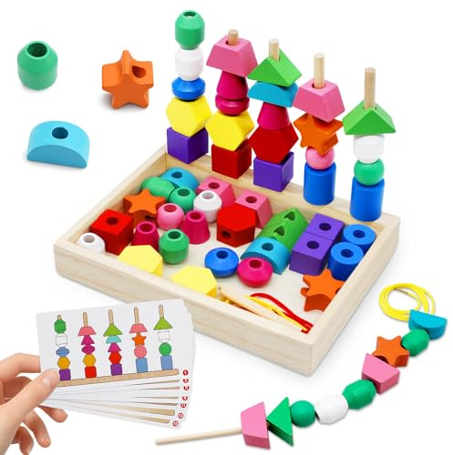 Tbintul Juguetes Montessori a partir de 3, 4 y 5 años. Juegos de ensartar. Bloques de construcción. para niños. Juegos de apilar de madera.