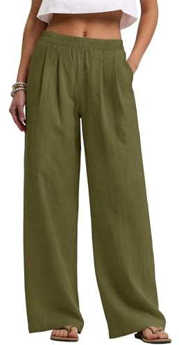 Rapbin Pantalones de lino para mujer, pierna ancha, verano, cintura | Tejido transpirable, bolsillos profundos, cintura elástica para comodidad durante todo el día, fácil de limpiar