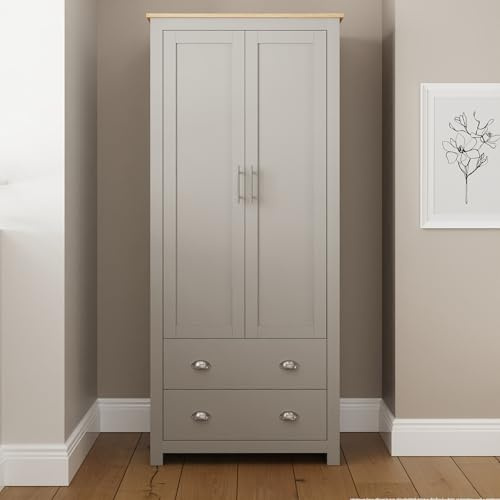 GFW Lancaster Grey and Oak 2 Door 2 Drawer Wardrobe, Country Style Bedroom Furniture with Hanging Rail, Shelves and Storage Drawers