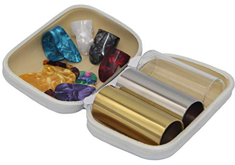 SUNLP 3 Pieces Medium Guitar Slides (Include 2 Colors Stainless Steel, 1 Pieces Glass), 6 Pieces Guitar Picks and 4 Pieces Plastic Thumb & Finger Picks in Zipper box