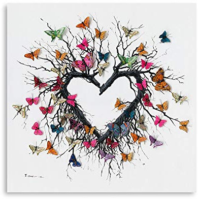 Yidepot Butterfly Canvas Print Wall Art for Bedroom: Heart Shaped Branches Surrounded by Colorful Butterflies Love Themed Picture for Teen Girls (30x30CM)