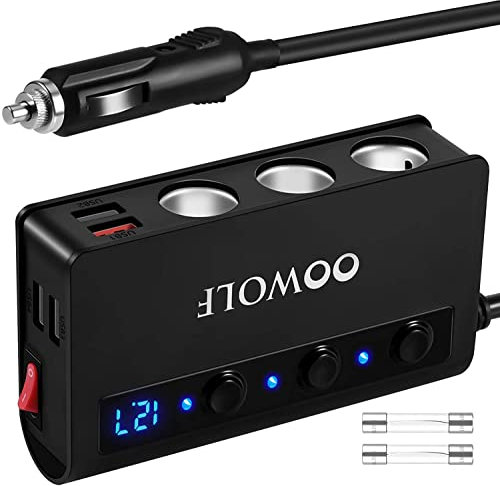 OOWOLF Quick Charge 3.0 Cigarette Lighter Adapter,180W 12V/24V 3-Socket DC Power Car Splitter with 6.6A 4 USB Ports,LED Display Voltage, Individual Switch