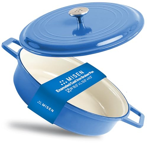 Misen 5.5 QT Braiser – Enameled Cast Iron Pan for Searing, Braising & Slow Cooking – No-Chip Enamel Coating – Extra-Wide Handles – Superior Heat Retention & Even Cooking - Blue