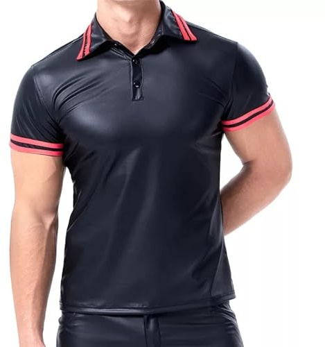 xokesy Mens Shiny Leather Polo Shirt, Short Sleeve Collared Tops Black