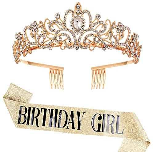 HENGBIRD Geburtstag Krone Schärpe, Kronenkristall Tiara, Geburtstagskrone Schärpe Geburtstagskrone Geburtstag Tiara Krone 13.-70.Frauen Mädchen Geburtstag Tiara für Dekorationen (Gold)