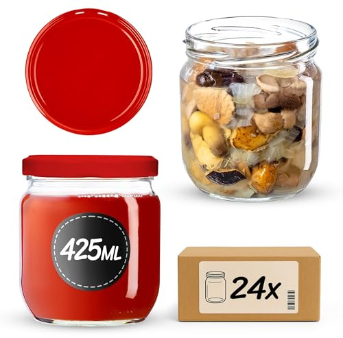 KADAX Lot de 24 pots à confiture avec couvercle à visser, 425 ml, pour confitures, confitures, miel (rouge)