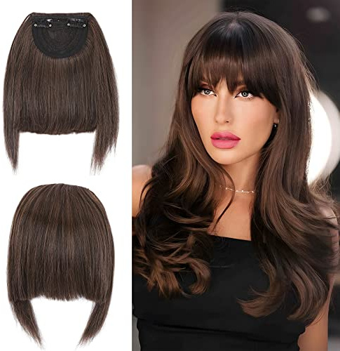 Elailite Flequillo Postizo Pelo Corto Clip Flequillos Falso (sienes 22cm) 1 Pieza 2 Clip en Postizos para Mujer # Castaño Intenso/Rojo