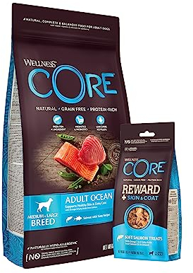 Wellness CORE Hundefutter Probierpaket, Trockenfutter (1,8 Kg, Lachs & Thunfisch) + Leckerlis (170 g, Lachs), für glänzende Haut & Fell, getreidefrei, hoher Fleischanteil