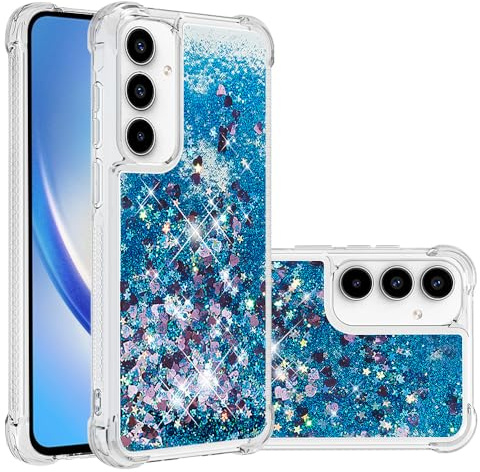 IMIRST Telefonfodral kompatibelt med Samsung A35 Bling flytande glitter silikonskal stötsäker Kawaii airbag skyddande fodral för Samsung Galaxy A35. YBW kärlek blå