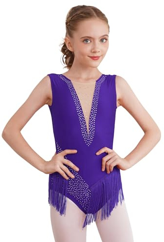 Nyeemya Gymnastiktrikåer för flickor, långärmad, balettdans, bodysuit, nätskarvning, overall med fransar, paljetter, Lila A, 11-12 år