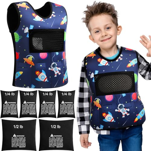 Janmercy Weighted Vest for Kids Ages 4 to 7 and Ages 8+ Boy Girl Adjustable Breathable Compression Vest for Processing Issue(Rocket,Small,Dark Blue)