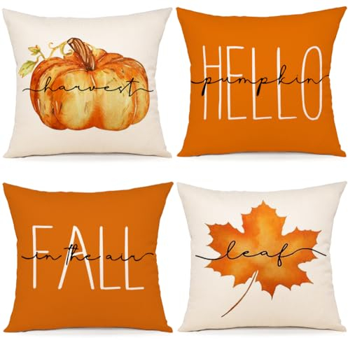 ZWJD Lot de 4 Housse Coussin Automne 40x40 Deco Housses de Coussin en Lin Feuilles Couronne Automne Citrouille Coussin pour Canapé, Maison, Jardin, Chambre Coucher Coussin Automne 40 x 40 cm