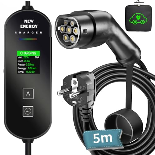 LCLCTEK® 5-Metri Cavo Ricarica auto Elettrica Tipo 2, 8A-16A Cavi Batteria auto Tipo 2, 3.68kW EV Charger Type 2 con led Display Digitale, Cavo di Ricarica Auto Elettrica e Ibrido con IEC 62196-2