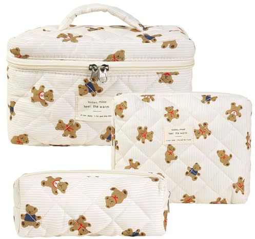 Pyuyan 3 Pezzi Floreale Grande Capacità per Il Trucco, Set Make Up Bag, Borsa da Toilette Trapuntata, Borsa Cosmetica Estetica Floreale, Borsa per Il Trucco Trapuntata, per Donne e Ragazze(Orso)