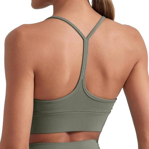 Memoryee Sujetadores Deportivos Mujer Alto Impacto Espalda en Y Sin Aros Cuello Halter Acolchado Comodidad Bralettes de Mujer Top de Gimnasio para Entrenamiento Yoga Correr Baile Verde Militar M